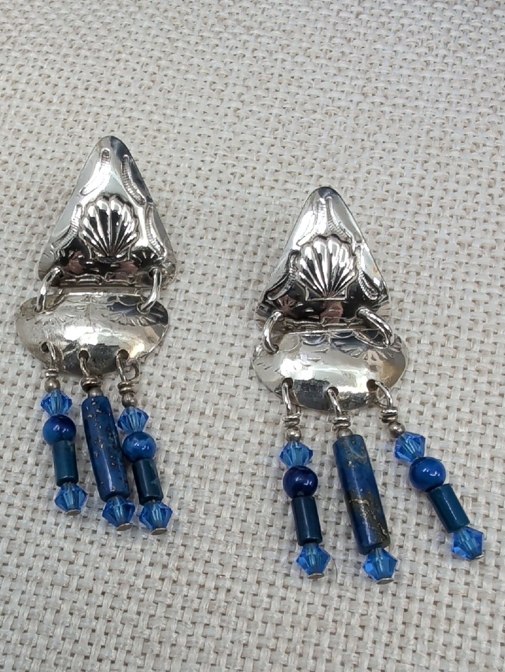 Vintage Hand Hammered 925 Sterling Silver Shell Drop Dangle Earrings